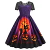 Casual Sukienki S-3XL Duży rozmiar Krótki Rękaw Halloween Witches Dynia Dynia Plisowane Party Dress Kobiety Wysoka Talia Koronki 2021 No.2