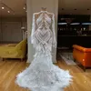 Abiti da sposa da chiesa di lusso Abiti da sposa in pizzo con piume e strascico Collo alto a sirena Abito da sposa Immagine reale Abiti da sposa da spiaggia a maniche lunghe EE