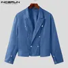 남자 재킷 incerun 패션 남자 라펠 긴 슬리브 스트리트웨어 이중 가슴 자르기 농작물 코트 2021 단색 얇은 겉옷 S-5XL