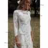 빈티지 크로 셰 뜨개질 레이스 웨딩 드레스 긴 소매 백리스 스쿠프 목 Vestido de Novia Boho Boho Country Bridal Gown Robe de Mariee