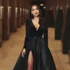 Siyah Gelinlik Modelleri Uzun Kollu Derin V Yaka Yan Bölünmüş Kat Uzunluk Saten Kadife A Hattı Suudi Örgün Parti Abiye giyim 2022