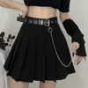 Black Pleated Skirt With Chain-Belt Punk Rock Girl Cheerleading Belted Mini Skirt Alt Women e-girl Outfit 210730