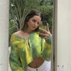 Autumn Women Tie Dye Sweaters Vintage Yellow Green Pullovers Jumper Fashion Sweatershirt Brooch Casual Cardigan Sweater 210806