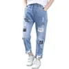 Sommar och våren chic manschetted denim jeans Små fötter lösa hål byxor barn pojke bottnar 210528