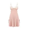 WOMENGAGA Korean Sexy Mesh Lace V Neck Strapless Pink Mini Tank Dress Straps Dresses Mature Lady Summer Beach Tops 1TF3 210603