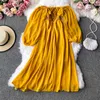 Automne Femmes Slash Cou À Manches Longues Robe Midi Femelle Jaune / Rouge / Rose Taille Haute Volants Big Swing Robes En Mousseline De Soie Mode 210623