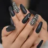 Faux ongles mat noir 3D strass acrylique ongles conseils cercueil luxueux presse sur doigt ballerine 24CT Prud22