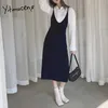 Yitimucengヴィンテージスパゲッティストラップミニドレス女性VネックAラインノースリーブ服サマーフランスファッションドレス210601