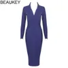 Beaukey Winter Long Sleeve Deep V Neck Sexig kvinnor Högkvalitativ Bodage Bodycon Dress Loyal Blue Kne Length XL Billiga Vestido 210322