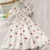 Kawaii Elbise Kadınlar Çilek Baskı Yüksek Bel Elbiseler Yaz Kore Chic Sevimli Beyaz Robe Rahat Y2K Vestidos Mujer 210519