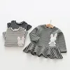 Girls Striped Dress Spring Autumn Kids Girl Cartoon Bunny Dresses Long Sleeve Rabbit Suits Ruffles Clothing 210429