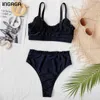 Ingaga High Waist Bikinis Ruffle Kvinnors baddräkter Push Up Biquini Sexiga Cut Badkläder Badkläder Strandwear 210625