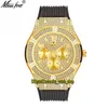 Missfox Eternity V314 Hip Hop Fashion Męskie Zegarki CZ Diamond Inlay Gold Dial Ruch Kwarcowy Mężczyźni Zegarek Iced Out Diamonds Alloy Alloy Case Black Guma Bransoletka