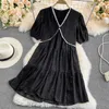 LY VAREY LIN Summer Women Sweet V-neck Puff Sleeve High Waist Dresses Casual Lace Solid Color A-line Office Lady Midi Dress 210526