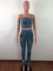 귀여운 패턴 두 조각 여성 청바지 세트 스파게티 슬래시 목 민소매 짧은 상단 및 패션 데님 바지 복장 소녀 streetwear 바지
