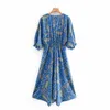 Summer Women Vintage V-Neck Dress 3/4 Sleeve Elastic waist Floral Print Female Elegant Loose Street vestidos 210513