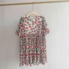 Summer Vintage Rose Print Puff Sleeve Women Dress Sweet Fungus Edge Short Sleeve Vestido Mujer High Waist Femme Robe 210514