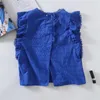ZA Blue Summer Blouse Brodée Femmes Sans Manches Volants Openwork Top Mode Bouton Retour Vent Vintage Femme Chemises 210602