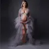 2021 Illusion Ruffles Nattlinnen Mesh Maternity Wraps Klänning för Shoot eller Babyshower Tulle Prom Robe Sheer Plus Size Kimono Långärmat Vestidos