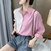 Koreanische Farbe genäht Hemd Frauen Herbst Puff Langarm Rosa Mode Blusen Einreiher Revers Bluse 12127 210508