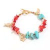 Bracelet créatif fait à la main pierres naturelles corail rouge synthétique Turquoises alliage feuille papillon pendentif Bracelet femme