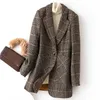 Höst Vinter Vintage Kvinnor Plaid Suit Woolen Jacket Ladies Slim Casual Ull Blazer Single Breastered Coat 211006