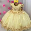 Żółta Koronkowa Suknia Balowa Backless Flower Girl Sukienki na ślub Zroszony Toddler Korowód Suknie Z Bow Długość Długość Tulle Dzieci Prom Dress