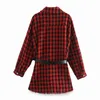 BLSQR Fashion With Belt Tweed Jacket Coat Women Long Sleeve Frayed Tassel Female Outerwear Chic Plaid Pocket Tops 210430