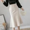 Mulheres Cintura Alta Midi Saias Plus Size Ruffles Preto Khaki Bege Office Ol Skirt Fashion Package Mermaid Saias 210730