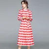 秋のターンダウンカラー長袖幾何学模様の縞模様のプリントパーティードレス女性ファッションシャツのドレス210529