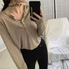 Yitimuceng Button Up T Shirts Woman Straight Loose Long Sleeve Tees Gray White Black Khaki Tops Summer Fashion Tshirts 210601