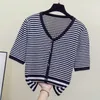 Plus Size Women V-Neck Knitted jumper Spring Summer Short Sweater T-shirt Short Female Casual Stripe Knit Pullovers 210604