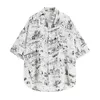 Summer Streetwear Vintage Blouse Women Hand-Pinted Printed Short Sleeve Fashion Turn-Down Collar Causal Oversized Shirt 210515