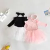 Spring Kids Girl 3-pcs Sets Solid Color Long Sleeves Bodysuit + Tutu Skirt Headwear Cute Style Children Clothes E6016 210610