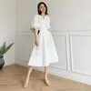Blanc bulle manches robe été Style français élégant Sexy mode solide robes mi-longues Femme Lois Vestido 210608