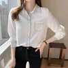 Koreanische Frauen Bluse Weiße Hemden Langarm Frau Chiffon Blusen Gestreifte Taschen Tops Plus Größe 210427