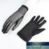 Summer Female Silk Screen Plaid Breathable Stretch Sexy Black Semi-transparent Five-finger Driving sunscreen Gloves