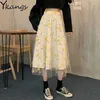 Autunno A Vita Alta 3D Fiore Dolce Gonna A Pieghe Delle Donne Giallo Del Merletto Del Ricamo Harajuku Coreano Ragazze Studenti Kawaii Gonna Lunga 210619