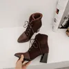 Buty damskie Zima Kostki Moda Chunky Wysokie Obcasy Krótkie Koronki W Górach Siated Toe Buty Damskie Upadek Duży Rozmiar 3-12 210517