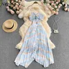 Neploe Summer Holiday Beach Dress Kvinna Hollow Cross Rems Exposed Waist Vestidos Mujer V-Hals Sexig Backless Suspender Robe Y0726