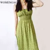 Summer Sexy Bow Bandage Slash Neck Vintage Floral Dot Fold Vita alta Ragazza femminile verde Tnak Print Dress E263 210603