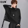 [Eam] Loose Fit Black Ribbon Split Sweatshirt Hög krage Långärmad Kvinnor Stor Storlek Mode Vår Höst OA879 210805