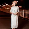 Johnature Summer Retro Print Plate Klamra Stojak Krótki Rękaw Mody Suknie Luźne Wygodne 2 Kolor Kobiet Dress 210521