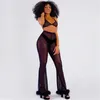 Sexy femmes maille transparente pantalon à jambes larges voir à travers Transparent fausse fourrure garniture taille haute pleine nuit tenue de club pantalon 210517