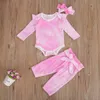 0-24M geboren baby meisje gebreide kleding set herfst winter lange mouw romper boog broek hoofdband outfits 210515