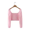 Spring Fashion Vintage Slim V-Neck Cross Puff Sleeve Long Blouse Crop Top Women 210514