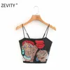 Zevity women vintage cartoon character sequins embroidery sling blouse female adjustable strap chic shirts black tops LS7142 210603