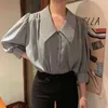 Chic Sanfte Sommer Mode Gelb Einreiher Rüschen Puff Sleeve Chiffon Bluse Frauen Blusas Mujer Drei Viertel Shirts 210429