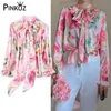 Designer Runway Elegant Pink Floral Satin Blouses Dames Vintage Bowknot Glad Casual Blusas Vrouwelijke Shirts Mujer Camiseta 210421