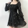Sexy Off Plight Print Black Dress Women Summer Pufl Encheme Chiffon Es Korean Vintage Casual Mini Vestidos 13676 210512